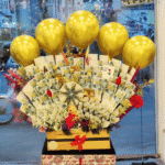 Golden Celebration Cash Bouquet with Plush Teddy & Balloons