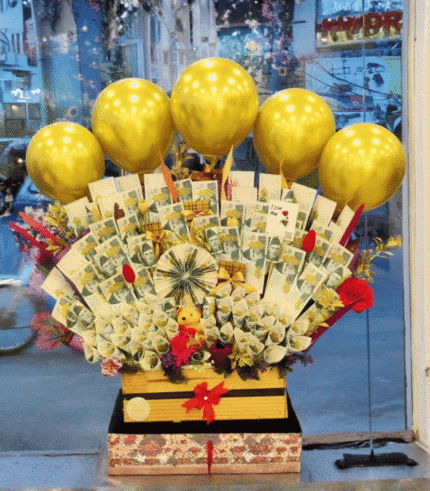 Golden Celebration Cash Bouquet with Plush Teddy & Balloons