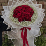 Elegant Red Rose & Baby's Breath Bouquet in Geometric Wrap