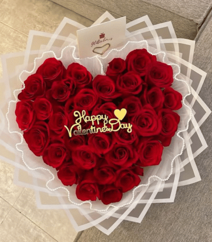 Heart-Shaped Red Rose Bouquet with Valentine’s Day Topper