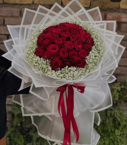 Elegant Red Rose & Baby's Breath Bouquet in Geometric Wrap