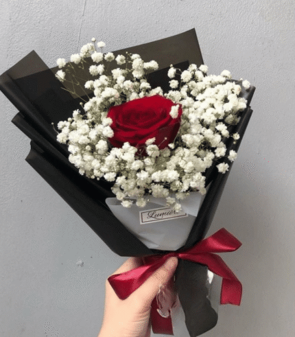 Single Red Rose & Baby’s Breath Bouquet