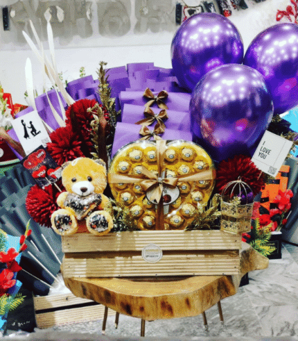 Heartfelt Ferrero & Teddy Gift Hamper with Purple Balloons