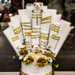 Elegant Golden Rose & Bear Box Arrangement