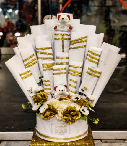 Elegant Golden Rose & Bear Box Arrangement