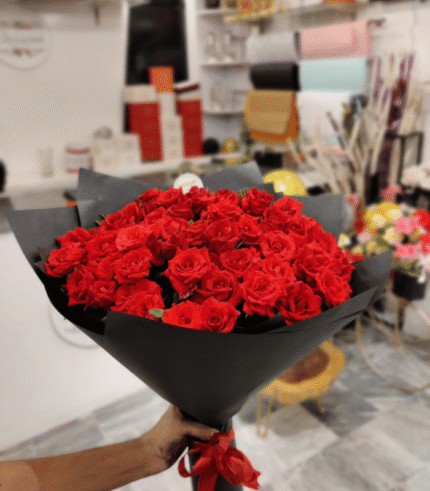 Premium Velvet Red Rose Bouquet in Signature Black Wrapping
