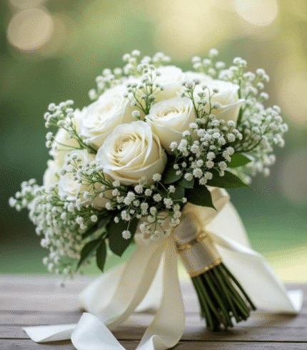 Elegant Cream Rose & Baby’s Breath Hand-Tied Bouquet