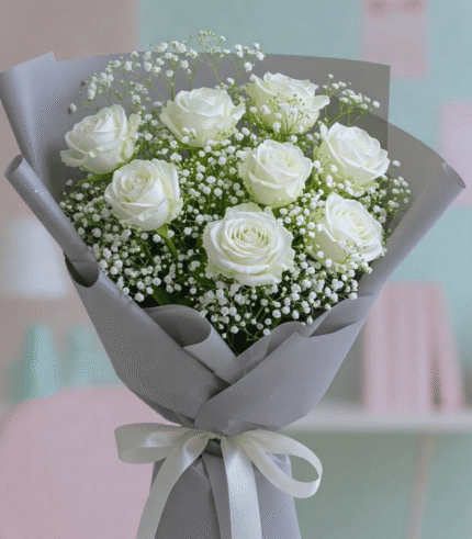Elegant White Rose & Baby's Breath Bouquet