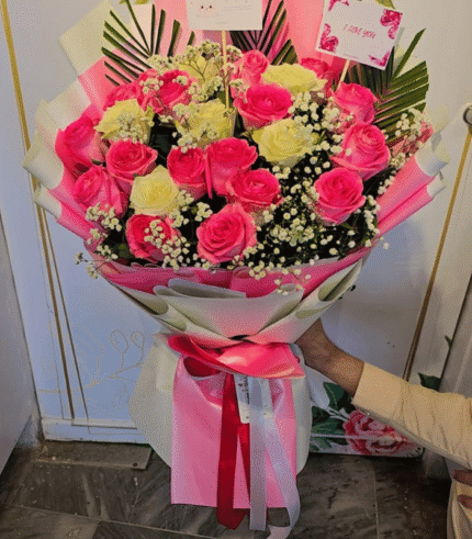 Premium Pink and White Rose Bouquet with Baby’s Breath