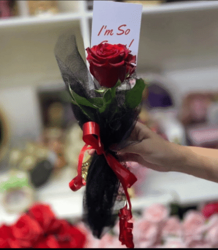 Single Red Rose in Black Mesh Wrap