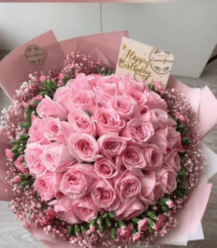 Premium Pink Rose & Baby’s Breath Birthday Bouquet