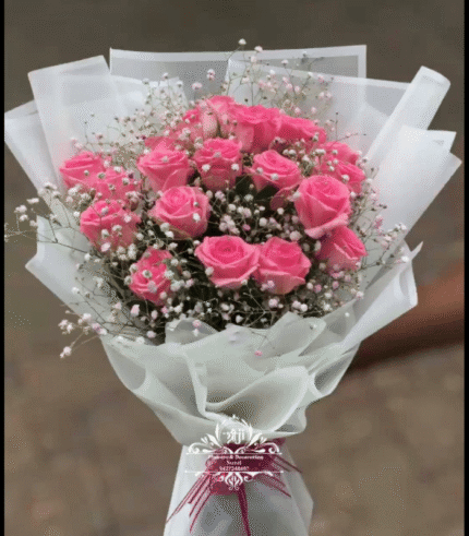 Elegant Pink Rose Bouquet with Baby's Breath