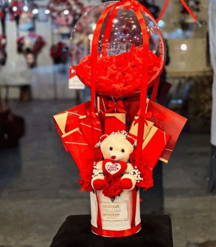 Teddy Bear & Red Bloom Hot Air Balloon Gift Box
