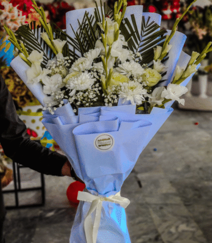 Pure White Gladiolus & Chrysanthemum Bouquet in Pastel Blue Wrap