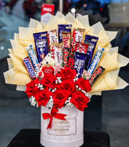 Premium Chocolate & Red Rose Bucket with Teddy Bear