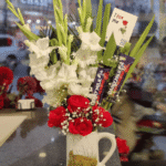 Elegant White Gladiolus & Red Rose Mug Arrangement with Chocolates