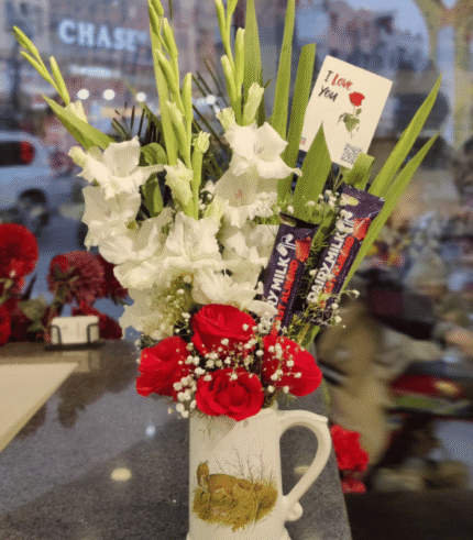 Elegant White Gladiolus & Red Rose Mug Arrangement with Chocolates