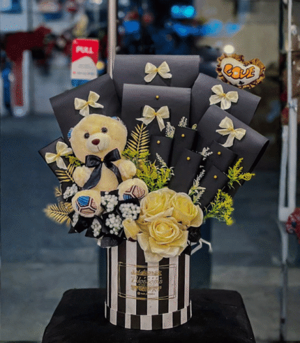 Elegant Teddy & Yellow Rose Box Arrangement with Black Envelopes