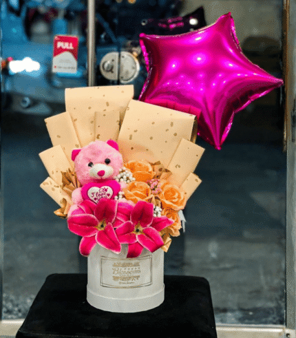 Pink Teddy & Lily Blossom Box with Star Balloon