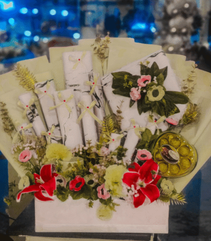 Marble-Wrapped Gift Hamper with Ferrero Rocher & Mixed Florals