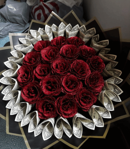 Glittering Crimson Rose & Currency Bouquet