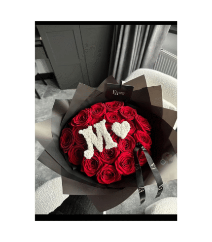 Personalized Red Rose Bouquet with White Floral Initial 'M'