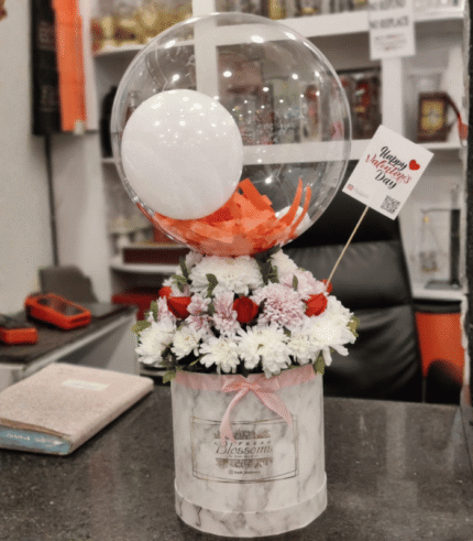 Marble Box Floral Arrangement with Balloon & Valentine’s Greeting