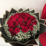 Premium Crimson Red Rose Bouquet with Black & Gold Wrapping