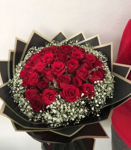 Premium Crimson Red Rose Bouquet with Black & Gold Wrapping