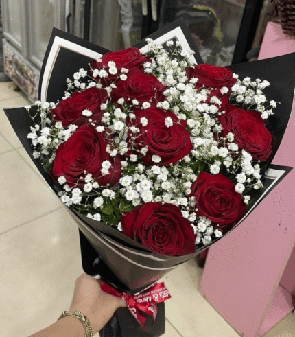 Classic Crimson Red Rose & Baby’s Breath Bouquet