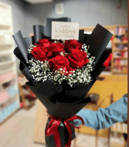 Classic Red Roses Anniversary Bouquet in Black Wrap