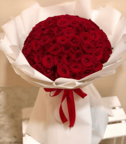 Elegant Dome of 50 Deep Red Roses Bouquet