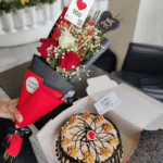 Elegant Red & White Rose Bouquet with Coffee Walnut Cake Combo