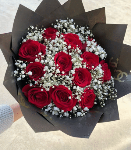 Premium Red Rose & Baby’s Breath Bouquet in Designer Black Wrap