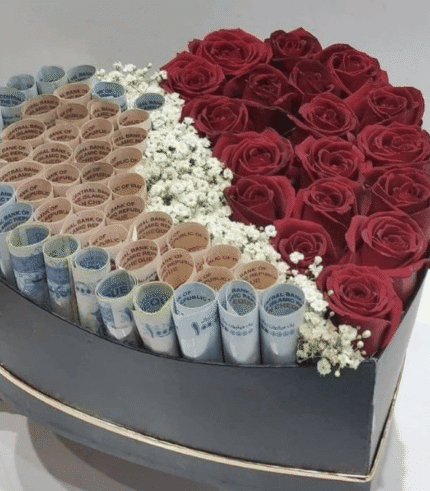 Heart-Shaped Red Roses & Cash Bouquet Box